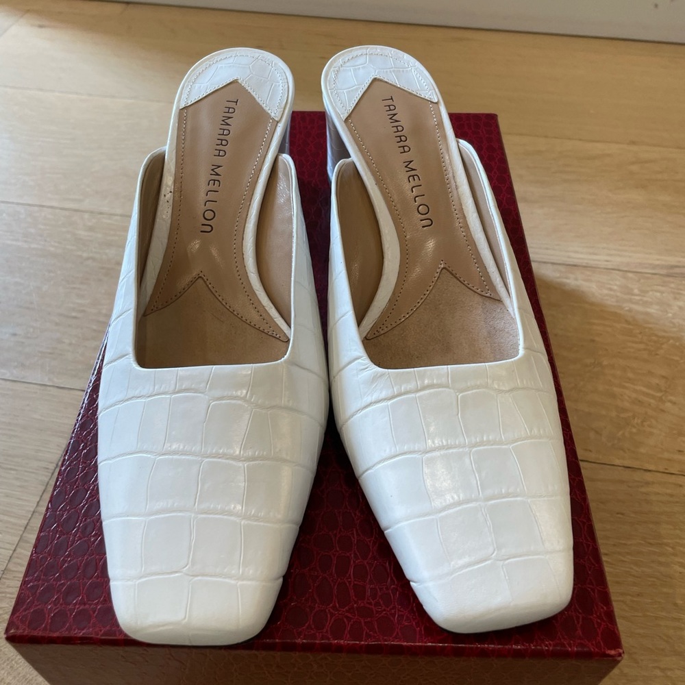 Tamara Mellon Embossed Crocodile Leather Mules White.